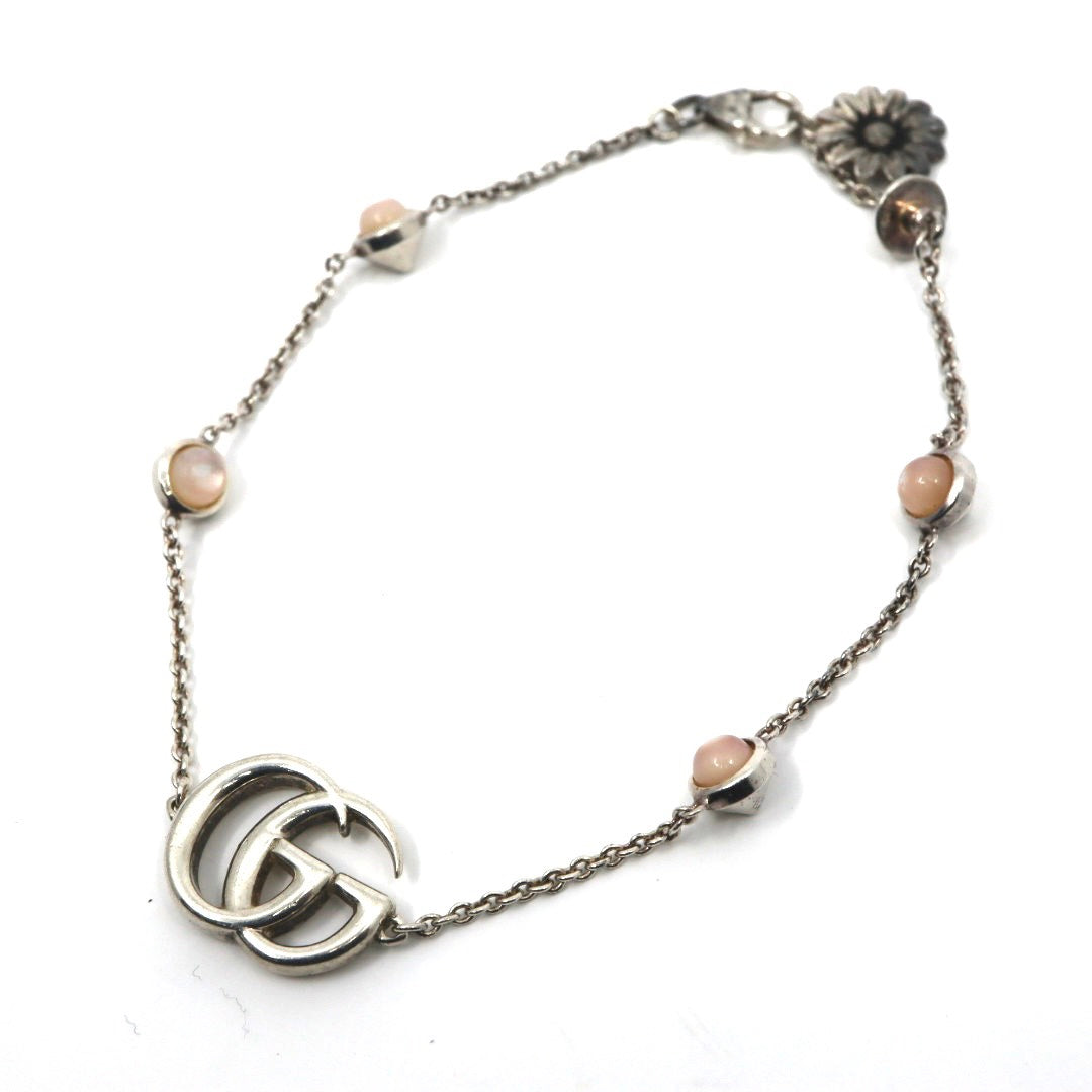 【美品】GUCCI グッチ ダブルG シルバー925 マザーオブパール マーモント フラワーモチーフ ブレスレット ヴィンテージジュエリー アクセサリー レディース I4