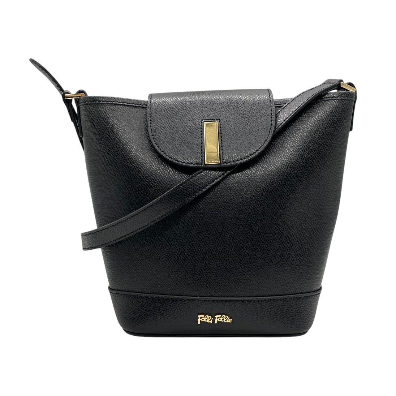 【極美品／未使用級】フォリフォリ レザー ショルダーバッグ バケットバッグ ブラック 本革 レディース フラップ ゴールド金具 ロゴ 斜め掛け可 ワンショルダー 通勤通学 自立可 Folli Follie エレガント 上品なデザイン U1