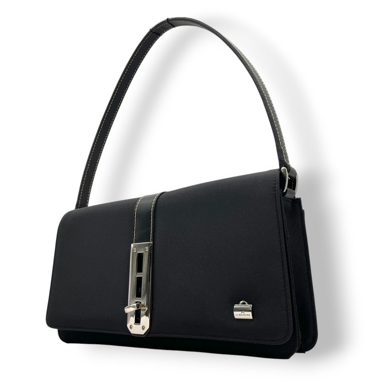 【未使用級／極美品】ラバガジェリー ターンロック ワンショルダー ハンドバッグ ナイロン レザー ブラック レディース 肩掛け可 フラップバッグ LA BAGAGERIE フォーマル エレガント フランス パリ 上品デザイン U1