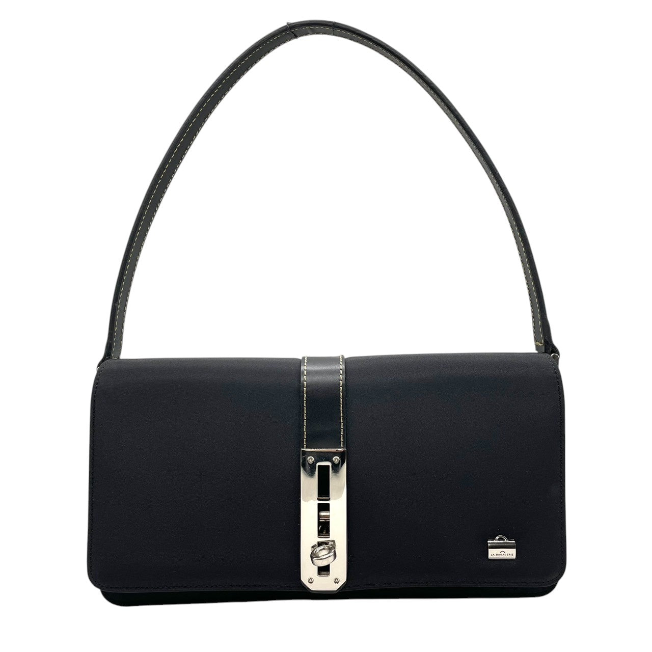 【未使用級／極美品】ラバガジェリー ターンロック ワンショルダー ハンドバッグ ナイロン レザー ブラック レディース 肩掛け可 フラップバッグ LA BAGAGERIE フォーマル エレガント フランス パリ 上品デザイン U1