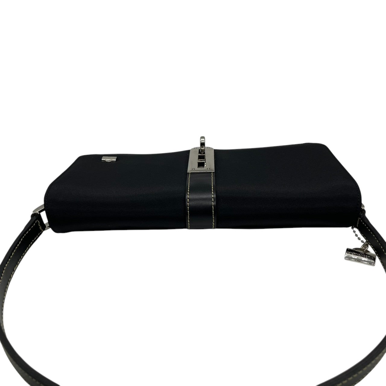 【未使用級／極美品】ラバガジェリー ターンロック ワンショルダー ハンドバッグ ナイロン レザー ブラック レディース 肩掛け可 フラップバッグ LA BAGAGERIE フォーマル エレガント フランス パリ 上品デザイン U1