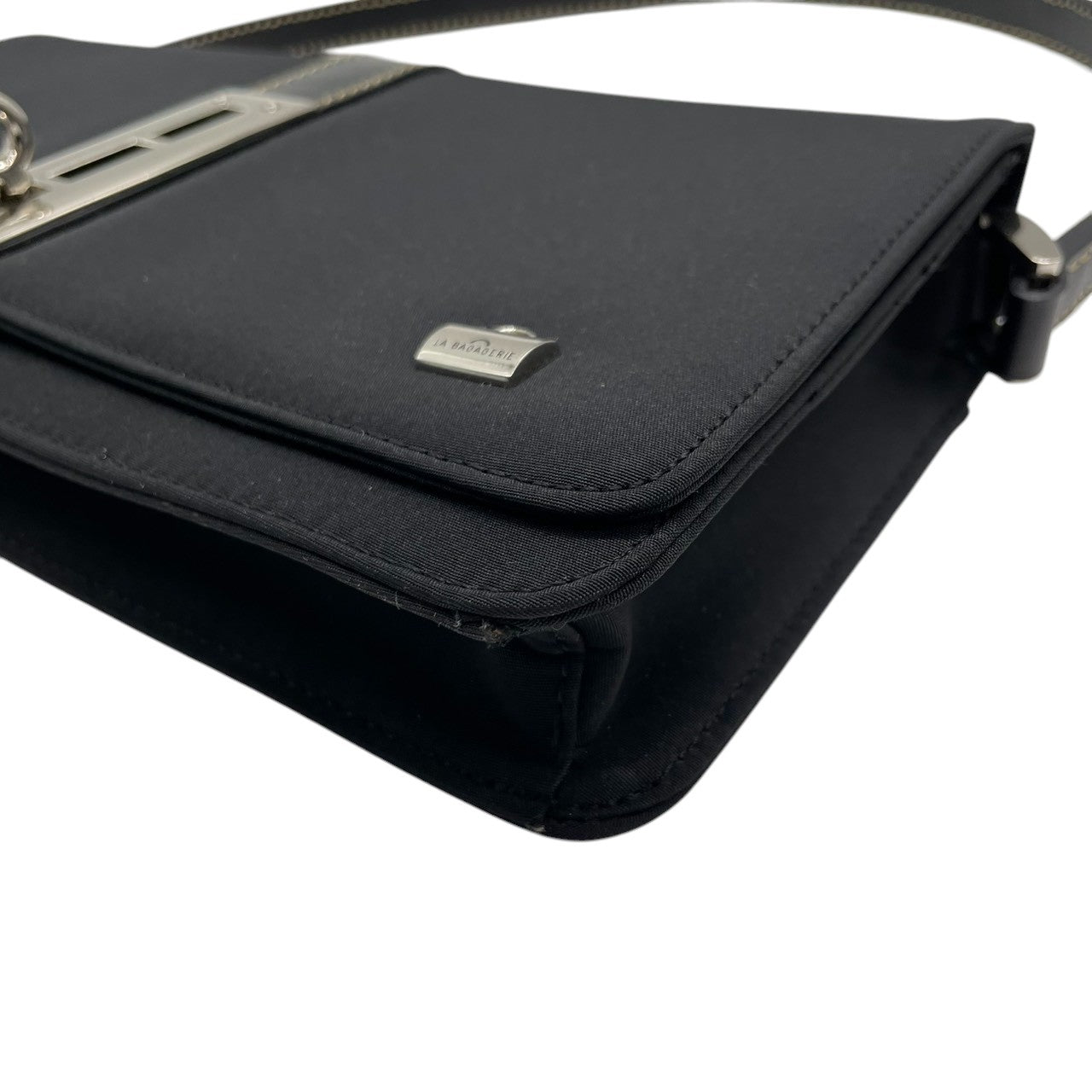 【未使用級／極美品】ラバガジェリー ターンロック ワンショルダー ハンドバッグ ナイロン レザー ブラック レディース 肩掛け可 フラップバッグ LA BAGAGERIE フォーマル エレガント フランス パリ 上品デザイン U1