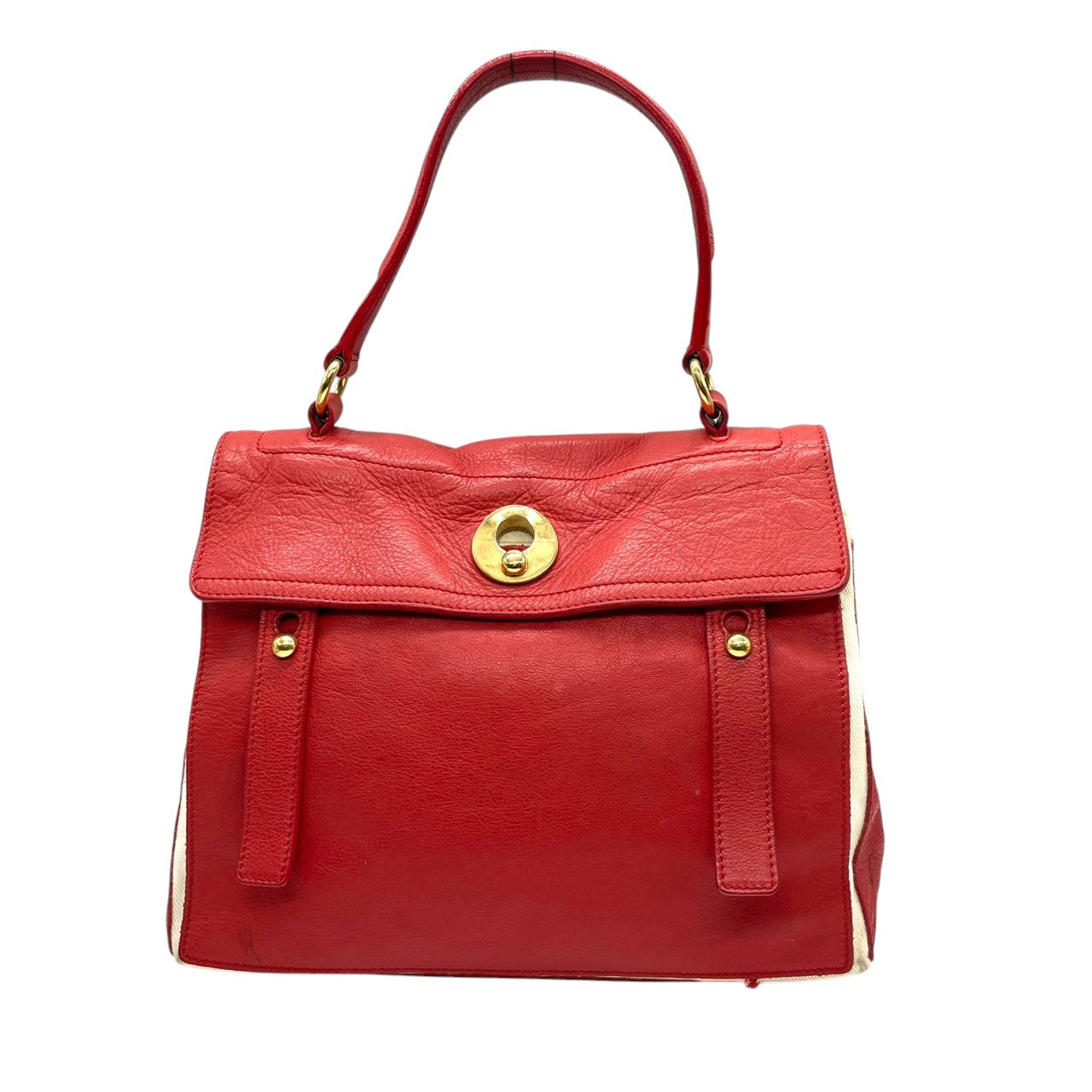 イヴサンローラン YSL ミューズトゥ Yves Saint Laurent ハンドバッグ ワンショルダー 自立可 トップハンドル フラップ レザー キャンバス レッド ホワイト バイカラー レディース エレガント クラシック vintage Y2K 00s C4