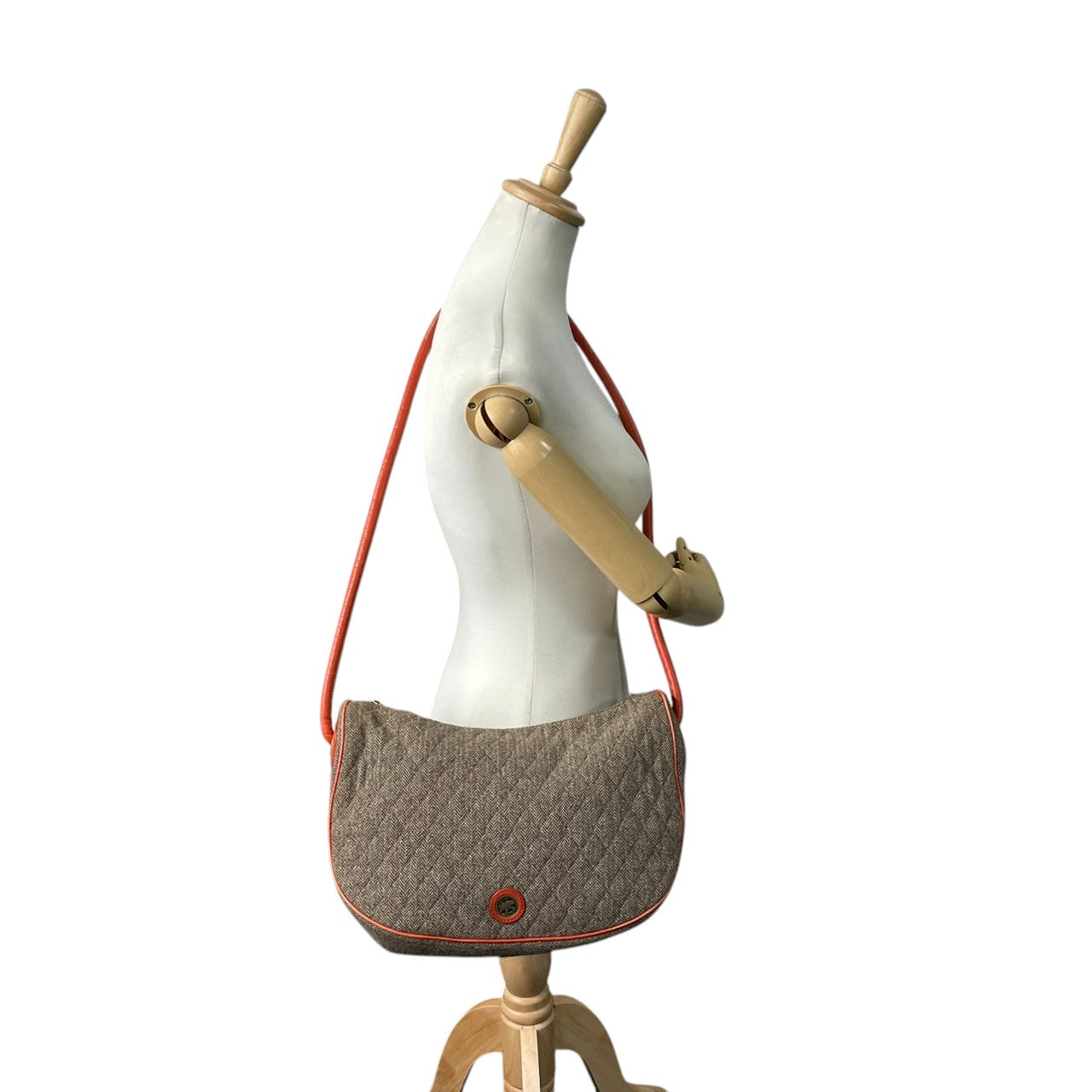 ビンテージ ハンティングワールド HUNTING WORLD ウール レザー ヘリンボーン ツイード ワンショルダー ホーボー ショルダーバッグ ポシェット クラシック エレガント ブラウン オレンジ ゴールド金具 稀少 U11