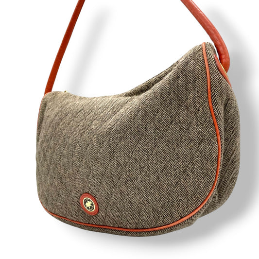 ビンテージ ハンティングワールド HUNTING WORLD ウール レザー ヘリンボーン ツイード ワンショルダー ホーボー ショルダーバッグ ポシェット クラシック エレガント ブラウン オレンジ ゴールド金具 稀少 U11