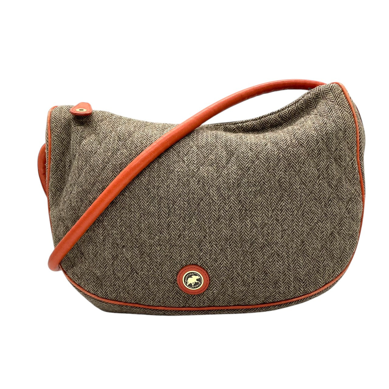 ビンテージ ハンティングワールド HUNTING WORLD ウール レザー ヘリンボーン ツイード ワンショルダー ホーボー ショルダーバッグ ポシェット クラシック エレガント ブラウン オレンジ ゴールド金具 稀少 U11
