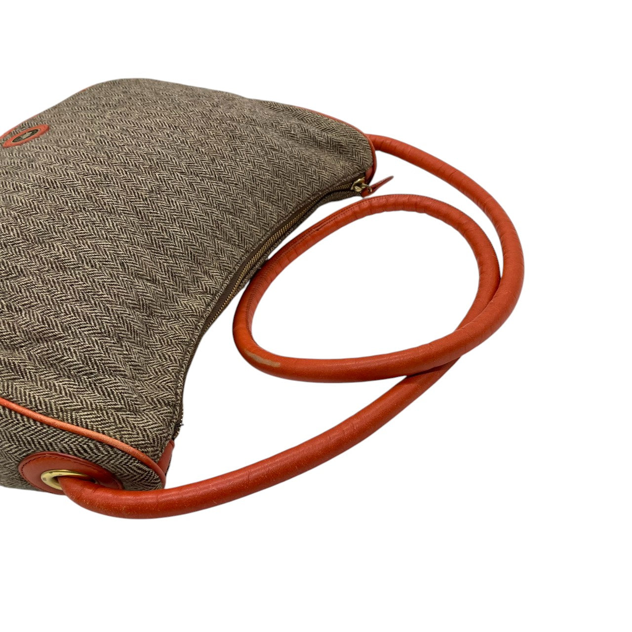 ビンテージ ハンティングワールド HUNTING WORLD ウール レザー ヘリンボーン ツイード ワンショルダー ホーボー ショルダーバッグ ポシェット クラシック エレガント ブラウン オレンジ ゴールド金具 稀少 U11