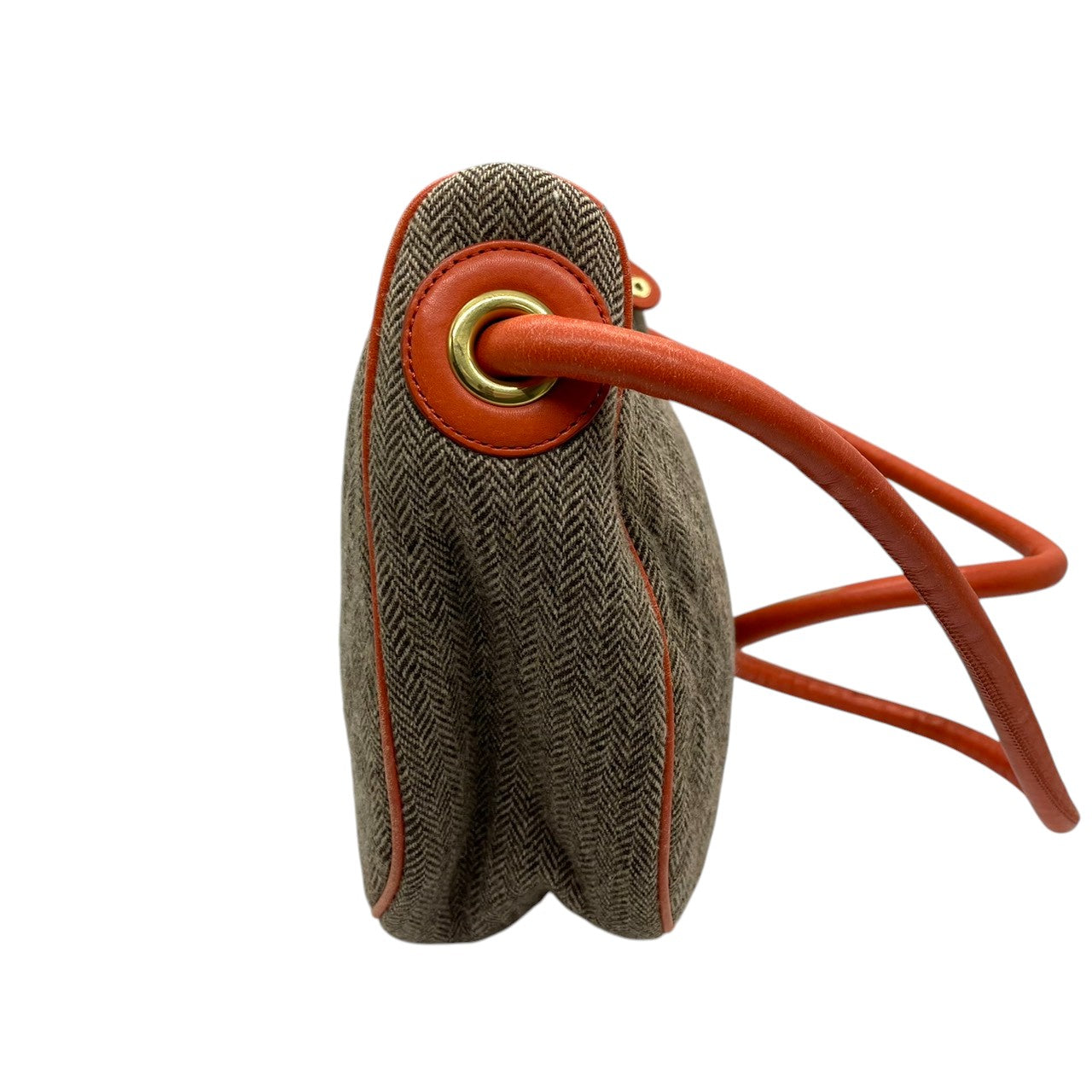 ビンテージ ハンティングワールド HUNTING WORLD ウール レザー ヘリンボーン ツイード ワンショルダー ホーボー ショルダーバッグ ポシェット クラシック エレガント ブラウン オレンジ ゴールド金具 稀少 U11