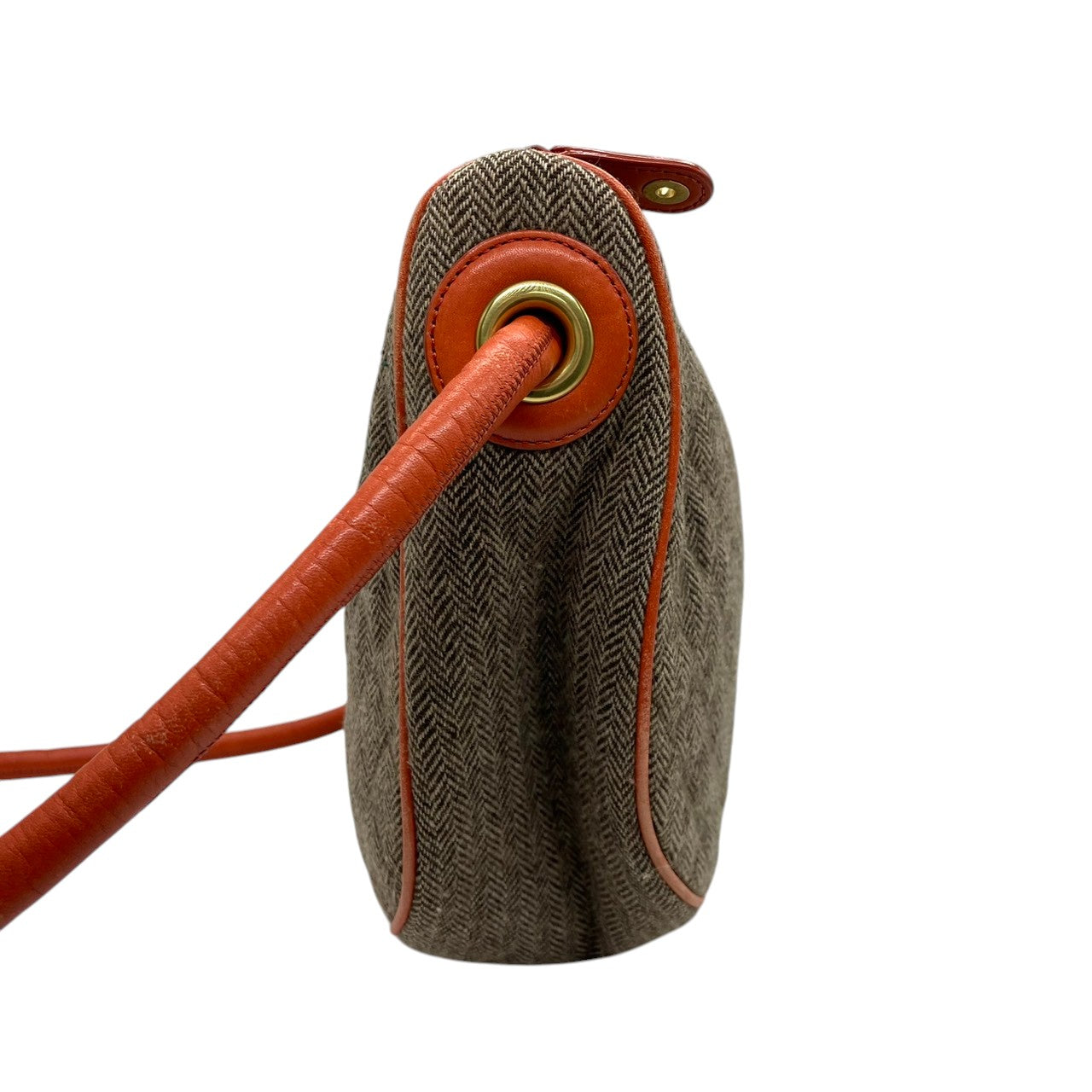 ビンテージ ハンティングワールド HUNTING WORLD ウール レザー ヘリンボーン ツイード ワンショルダー ホーボー ショルダーバッグ ポシェット クラシック エレガント ブラウン オレンジ ゴールド金具 稀少 U11