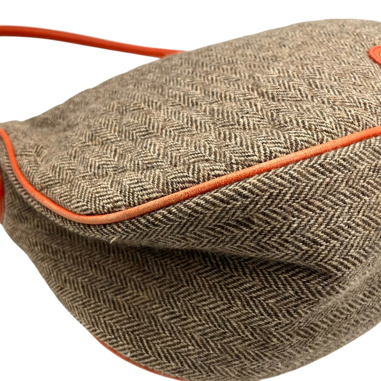 ビンテージ ハンティングワールド HUNTING WORLD ウール レザー ヘリンボーン ツイード ワンショルダー ホーボー ショルダーバッグ ポシェット クラシック エレガント ブラウン オレンジ ゴールド金具 稀少 U11