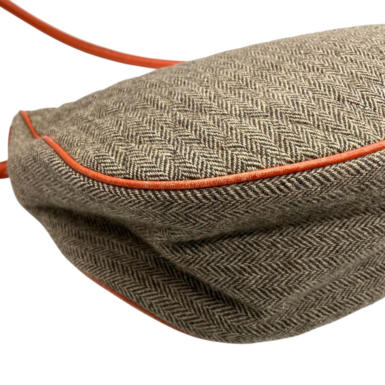 ビンテージ ハンティングワールド HUNTING WORLD ウール レザー ヘリンボーン ツイード ワンショルダー ホーボー ショルダーバッグ ポシェット クラシック エレガント ブラウン オレンジ ゴールド金具 稀少 U11