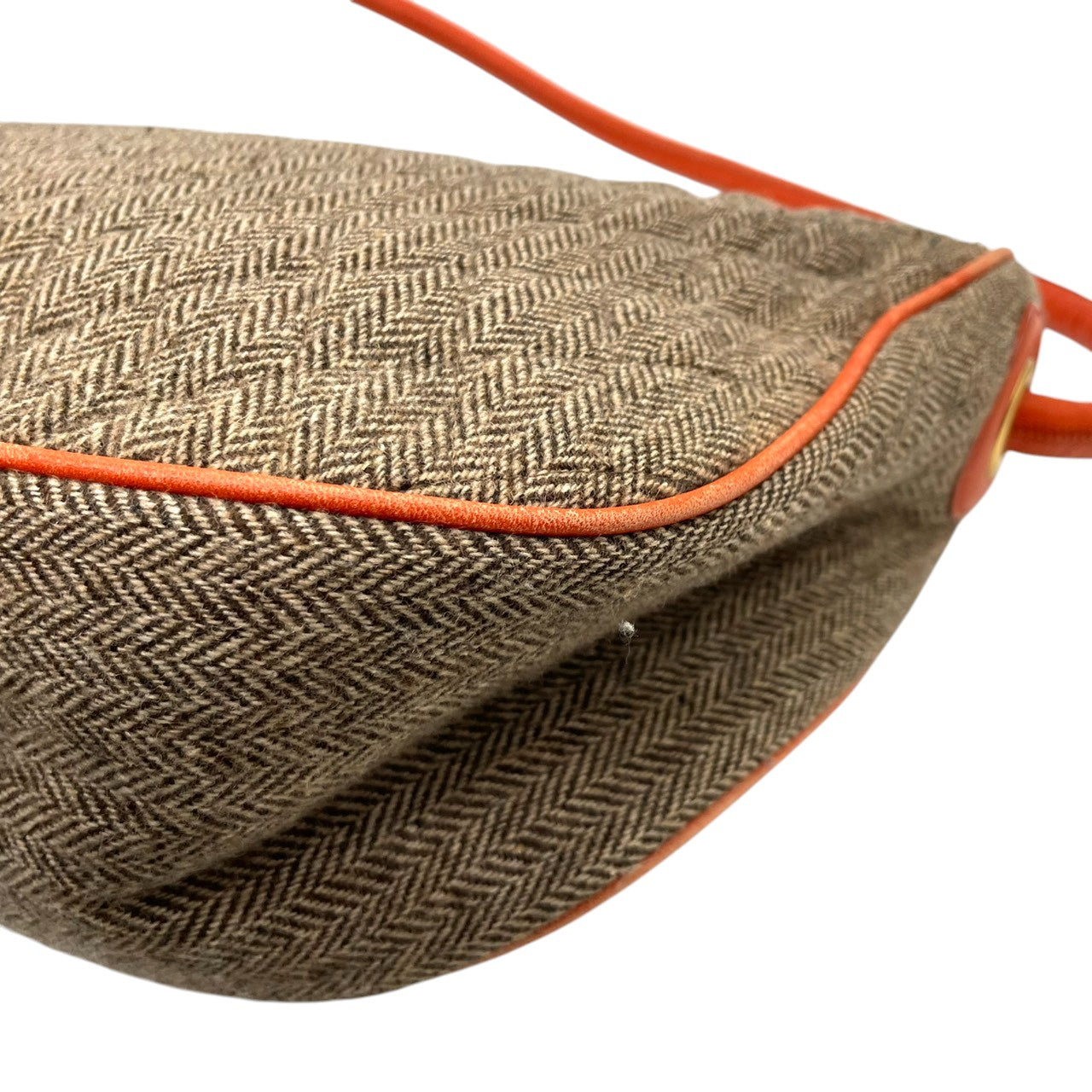 ビンテージ ハンティングワールド HUNTING WORLD ウール レザー ヘリンボーン ツイード ワンショルダー ホーボー ショルダーバッグ ポシェット クラシック エレガント ブラウン オレンジ ゴールド金具 稀少 U11