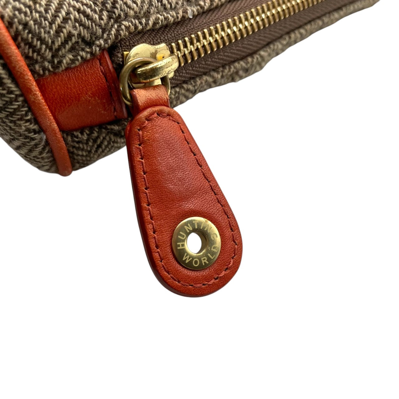ビンテージ ハンティングワールド HUNTING WORLD ウール レザー ヘリンボーン ツイード ワンショルダー ホーボー ショルダーバッグ ポシェット クラシック エレガント ブラウン オレンジ ゴールド金具 稀少 U11