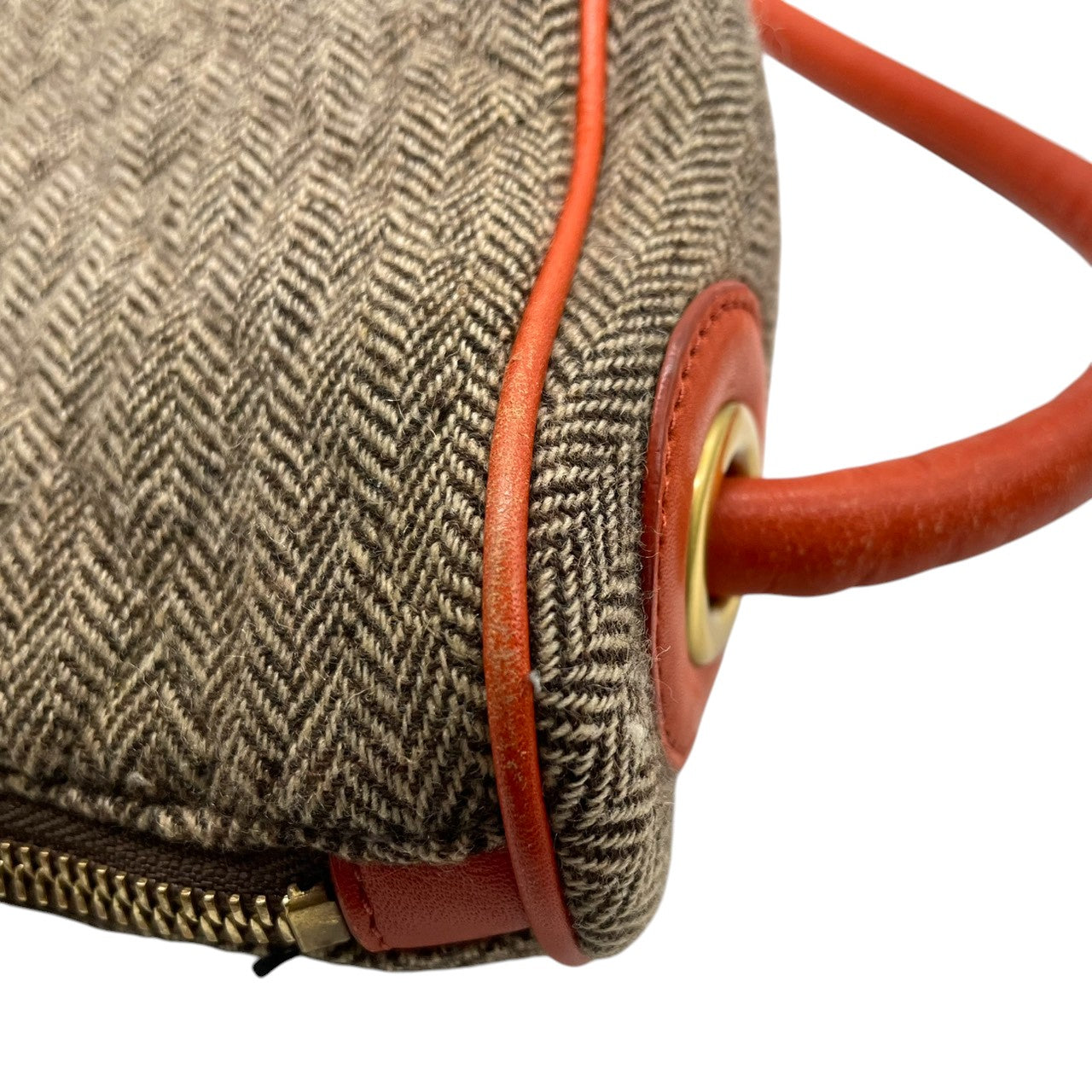 ビンテージ ハンティングワールド HUNTING WORLD ウール レザー ヘリンボーン ツイード ワンショルダー ホーボー ショルダーバッグ ポシェット クラシック エレガント ブラウン オレンジ ゴールド金具 稀少 U11