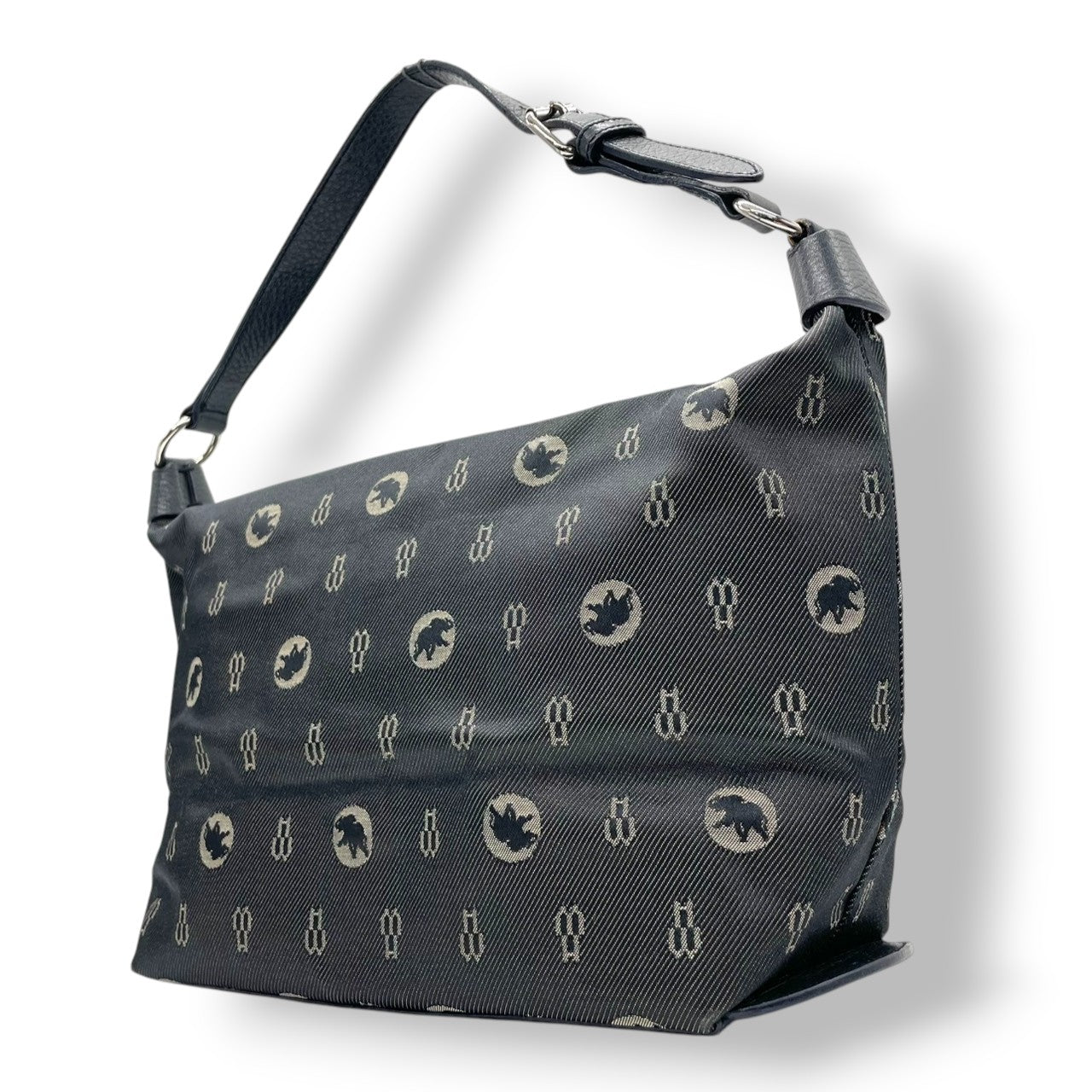 良品 ハンティングワールド HUNTING WORLD ワンショルダーバッグ ハンドバッグ ホーボー ナイロン レザー 総柄 ロゴ モノグラム ブラック 黒 シルバー金具 肩掛け レディース カジュアル イタリア製 U11