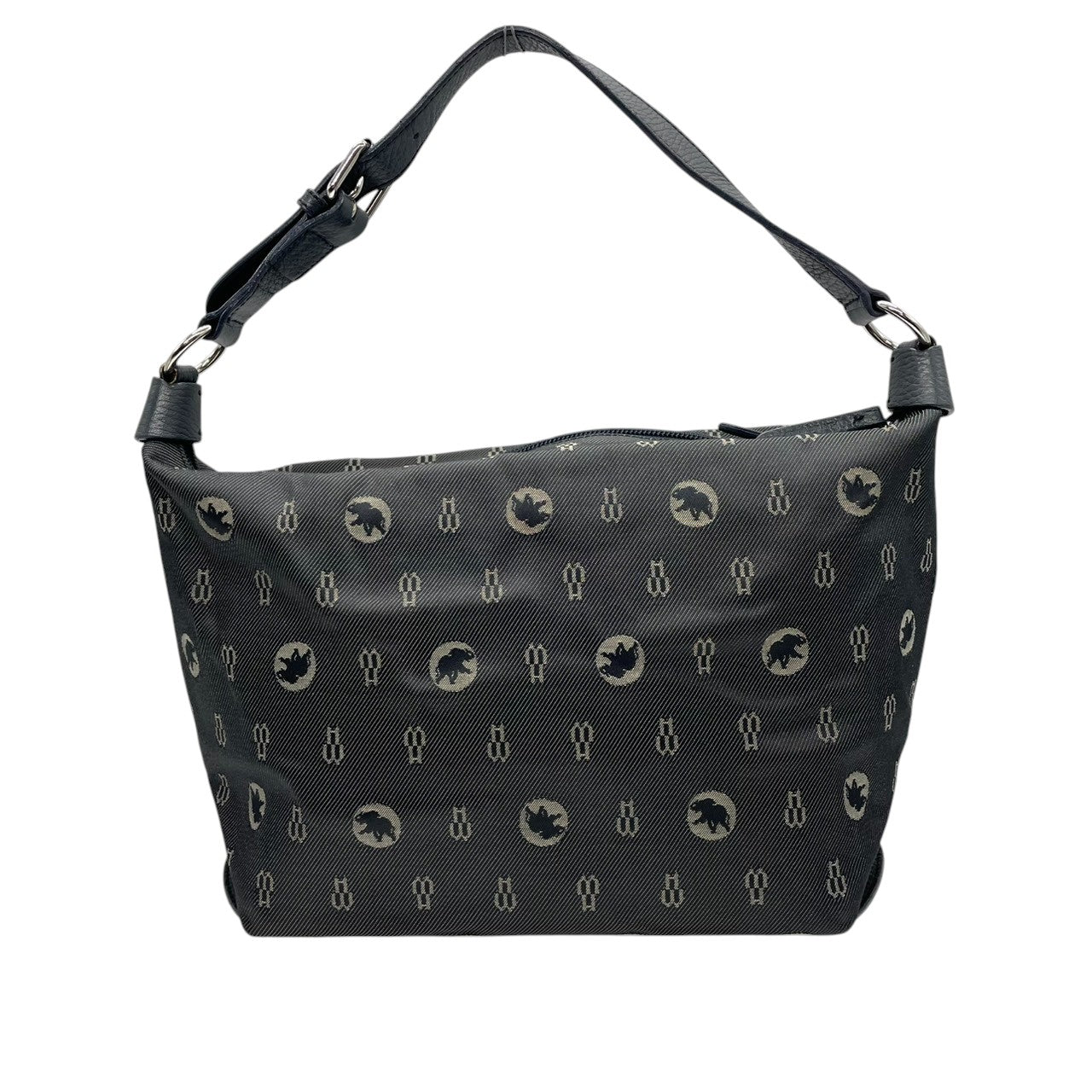 良品 ハンティングワールド HUNTING WORLD ワンショルダーバッグ ハンドバッグ ホーボー ナイロン レザー 総柄 ロゴ モノグラム ブラック 黒 シルバー金具 肩掛け レディース カジュアル イタリア製 U11