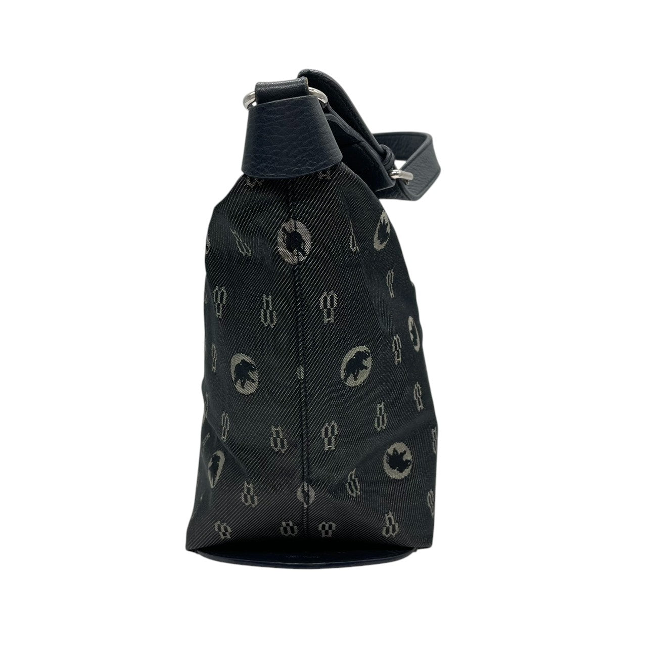 良品 ハンティングワールド HUNTING WORLD ワンショルダーバッグ ハンドバッグ ホーボー ナイロン レザー 総柄 ロゴ モノグラム ブラック 黒 シルバー金具 肩掛け レディース カジュアル イタリア製 U11