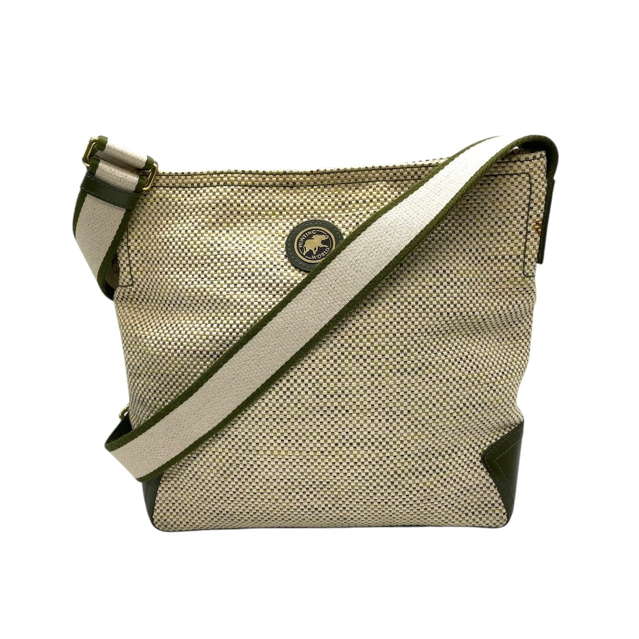 ハンティングワールド ヴィンテージ クラシック エレガント ドレスショルダーバッグ 斜め掛け可 グリーン キャンバス レザー ゴールド金具 大容量 ワンショルダー 上品 高級 人気 定番 旅行 U11