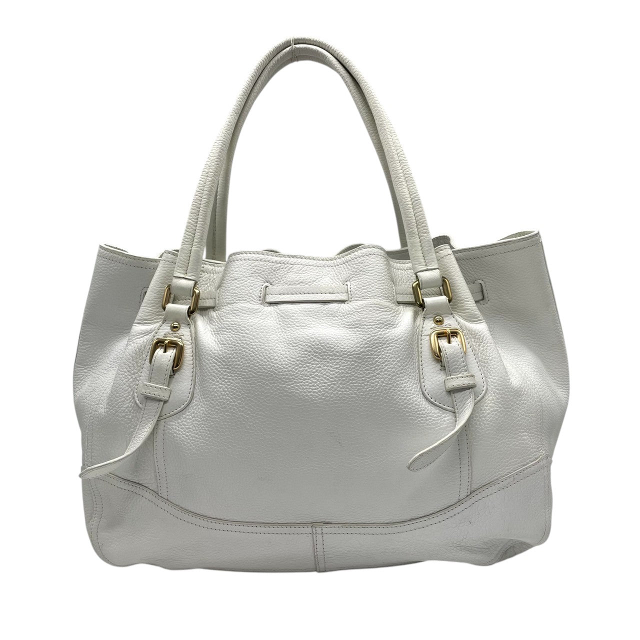 【美品】プラダ PRADA ハンドバッグ トートバッグ レザー 本革 シボ革 ホワイト 白 ゴールド金具 メタルロゴ タッセル フリンジ チャーム ネームタグ付 A4収納可 大容量 通勤 通学 旅行 エレガント ラグジュアリー レディース 鞄 かばん A