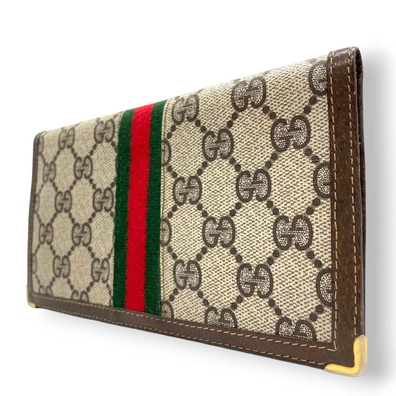 希少 オールドグッチ GUCCI 長財布 札入れ 二つ折り シェリーライン GGスプリーム PVC レザー 茶 ベージュ ヴィンテージ クレストロゴ ゴールド金具 コーナー金具 薄型 スリム メンズ レディース 男女兼用 財布 イタリア製 w5