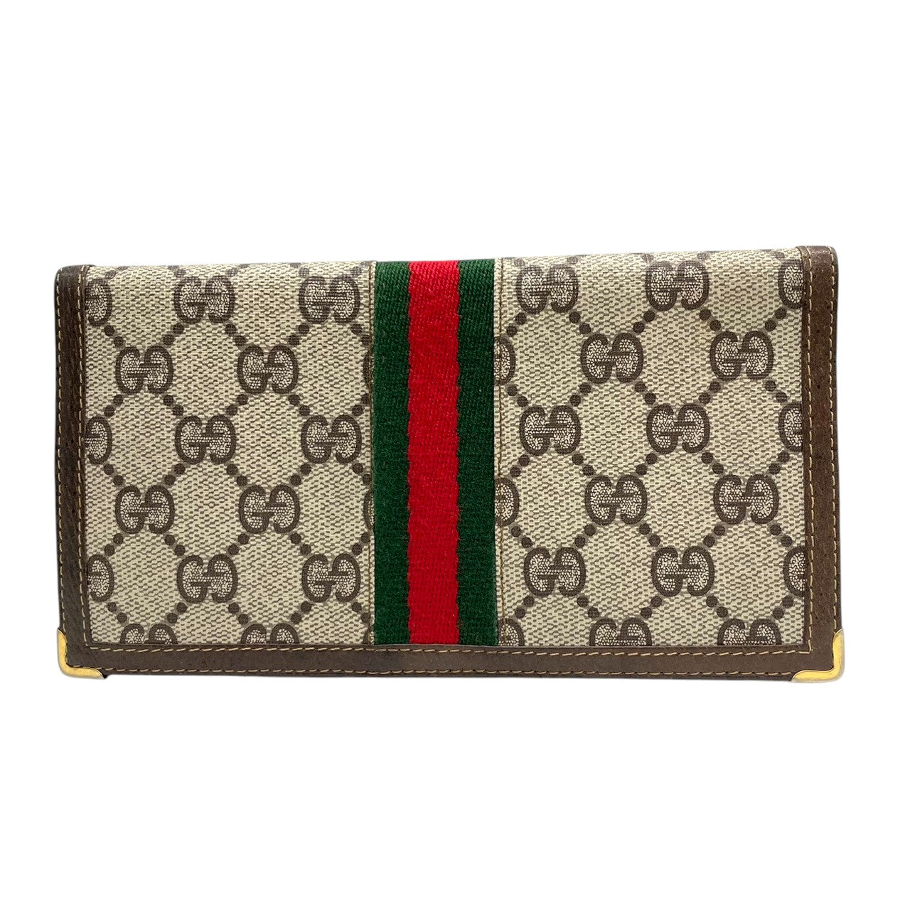 希少 オールドグッチ GUCCI 長財布 札入れ 二つ折り シェリーライン GGスプリーム PVC レザー 茶 ベージュ ヴィンテージ クレストロゴ ゴールド金具 コーナー金具 薄型 スリム メンズ レディース 男女兼用 財布 イタリア製 w5