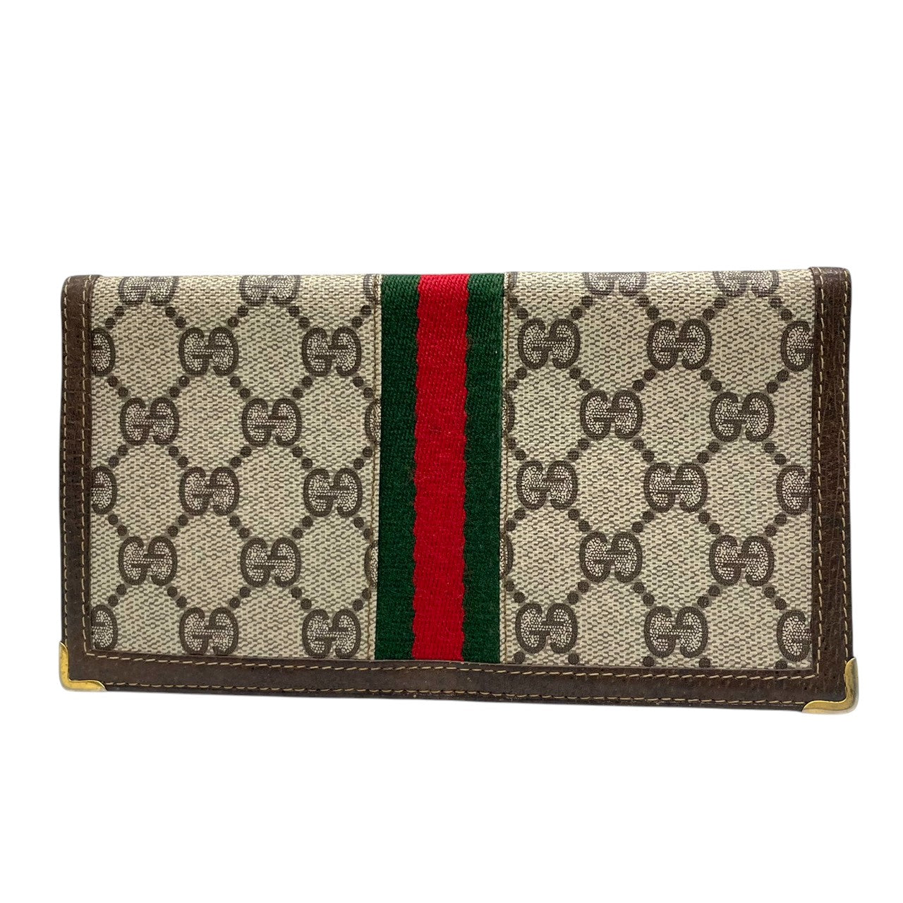 希少 オールドグッチ GUCCI 長財布 札入れ 二つ折り シェリーライン GGスプリーム PVC レザー 茶 ベージュ ヴィンテージ クレストロゴ ゴールド金具 コーナー金具 薄型 スリム メンズ レディース 男女兼用 財布 イタリア製 w5