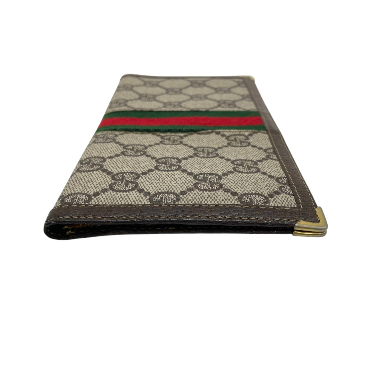 希少 オールドグッチ GUCCI 長財布 札入れ 二つ折り シェリーライン GGスプリーム PVC レザー 茶 ベージュ ヴィンテージ クレストロゴ ゴールド金具 コーナー金具 薄型 スリム メンズ レディース 男女兼用 財布 イタリア製 w5