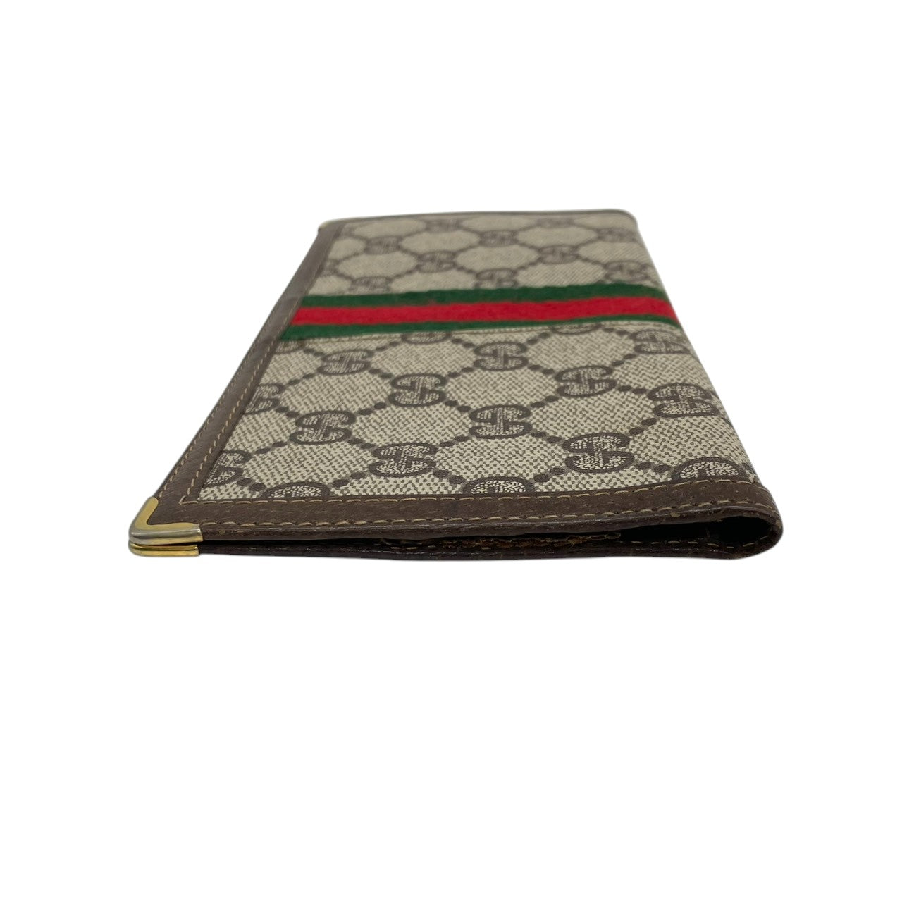 希少 オールドグッチ GUCCI 長財布 札入れ 二つ折り シェリーライン GGスプリーム PVC レザー 茶 ベージュ ヴィンテージ クレストロゴ ゴールド金具 コーナー金具 薄型 スリム メンズ レディース 男女兼用 財布 イタリア製 w5