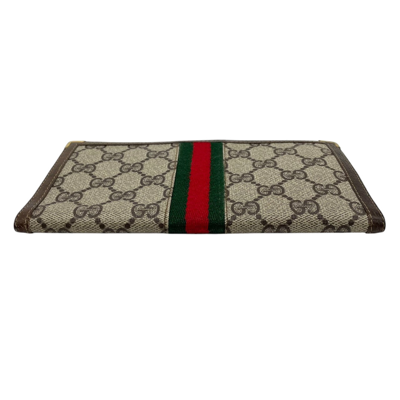 希少 オールドグッチ GUCCI 長財布 札入れ 二つ折り シェリーライン GGスプリーム PVC レザー 茶 ベージュ ヴィンテージ クレストロゴ ゴールド金具 コーナー金具 薄型 スリム メンズ レディース 男女兼用 財布 イタリア製 w5
