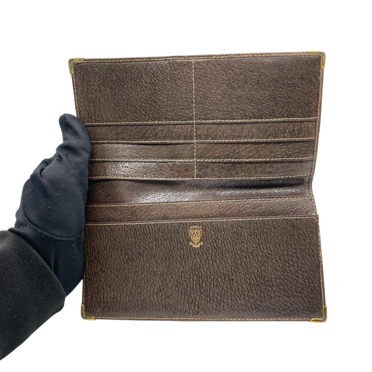 希少 オールドグッチ GUCCI 長財布 札入れ 二つ折り シェリーライン GGスプリーム PVC レザー 茶 ベージュ ヴィンテージ クレストロゴ ゴールド金具 コーナー金具 薄型 スリム メンズ レディース 男女兼用 財布 イタリア製 w5