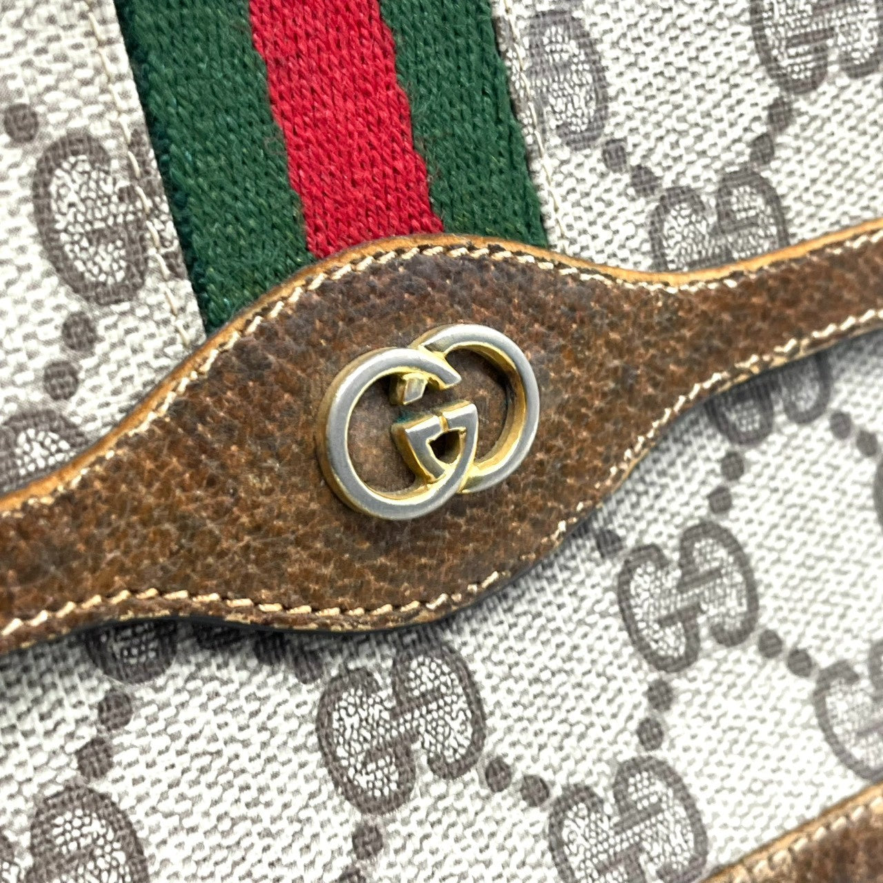 希少 オールドグッチ GUCCI PARFUMS ポーチ クラッチバッグ 小物入れ GGスプリーム シェリーライン インターロッキングG PVC レザー 茶 ヴィンテージ レトロ 化粧ポーチ コスメポーチ イタリア製 レディース メンズ w5