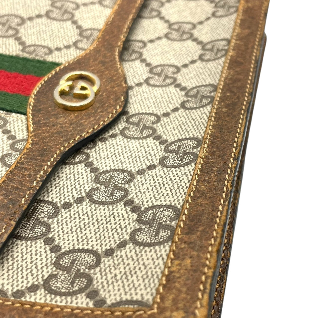 希少 オールドグッチ GUCCI PARFUMS ポーチ クラッチバッグ 小物入れ GGスプリーム シェリーライン インターロッキングG PVC レザー 茶 ヴィンテージ レトロ 化粧ポーチ コスメポーチ イタリア製 レディース メンズ w5