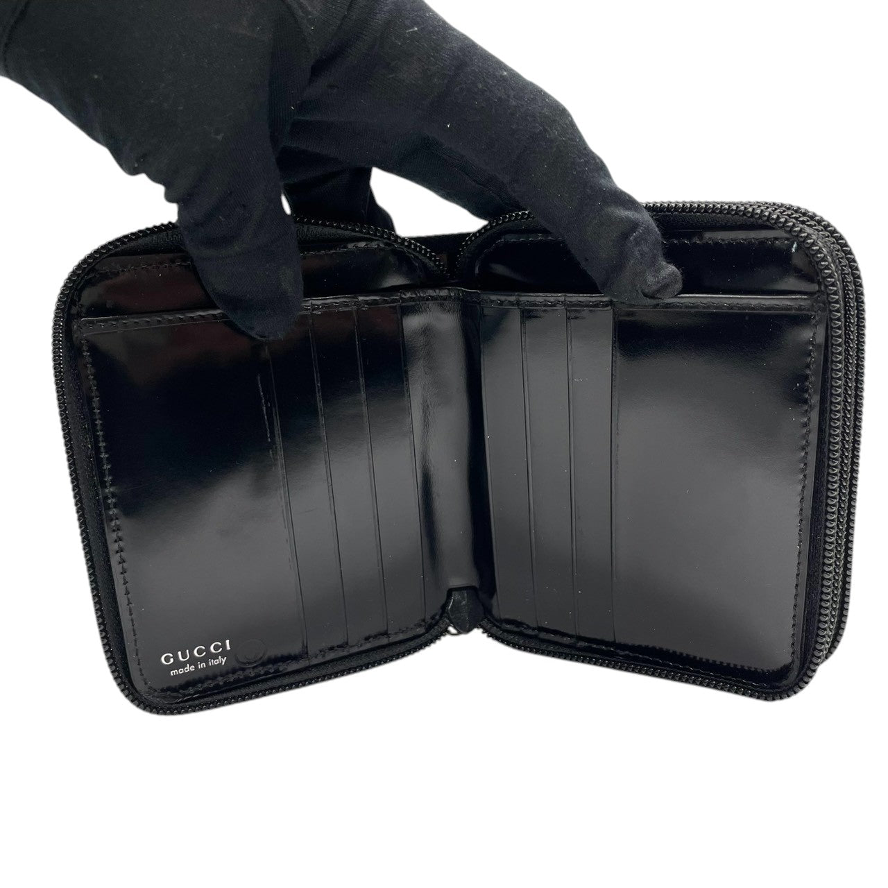 【美品】グッチ GUCCI バンブー ダブルファスナー コンパクトウォレット 二つ折り財布 ナイロン パテントレザー エナメル 黒 ブラック ラウンドジップ ミニ財布 コインケース 小銭入れ ヴィンテージ オールド イタリア製 レディース メンズ w5