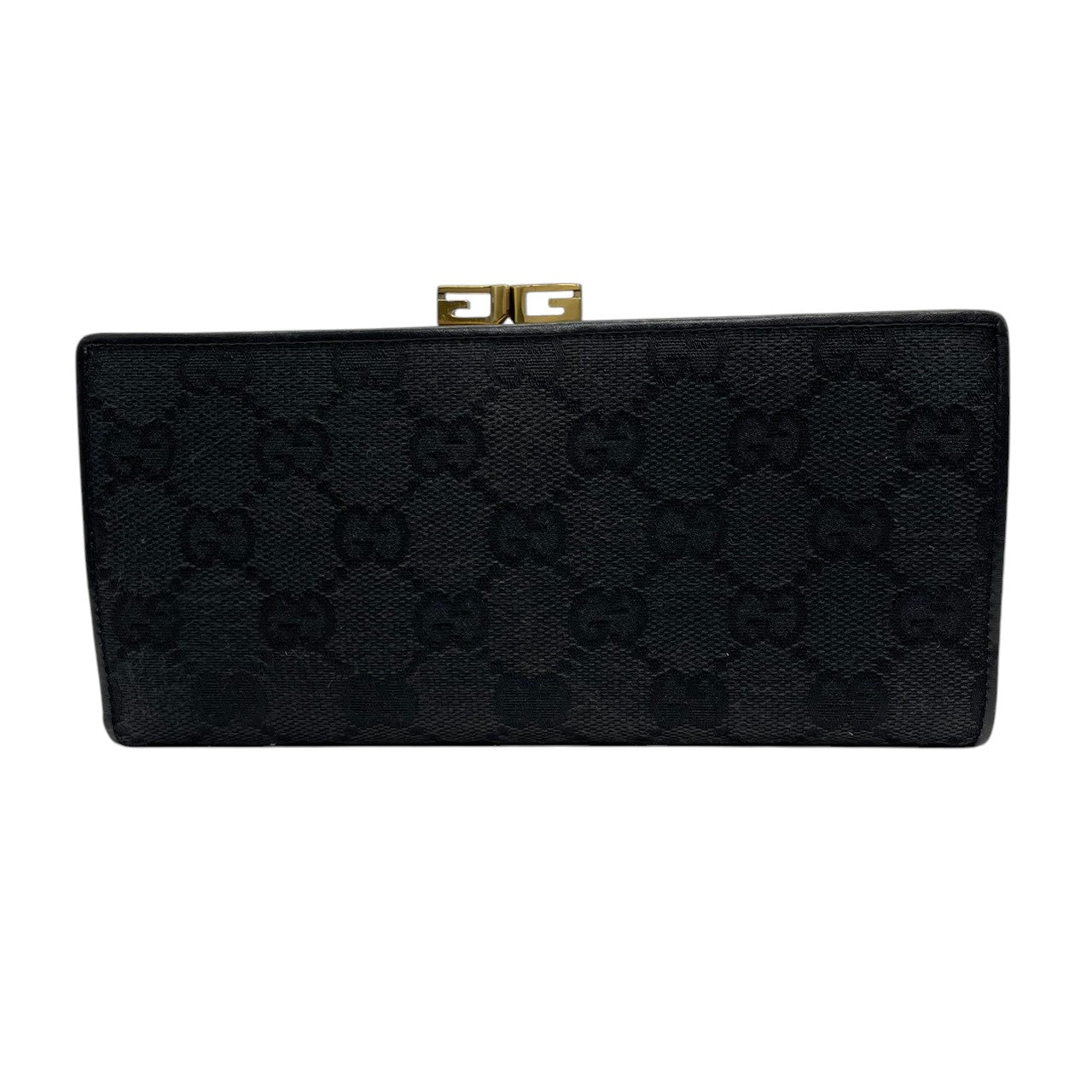 【美品】グッチ GUCCI 長財布 二つ折り がま口 ガマ口 GGキャンバス レザー 本革 ブラック 黒 ゴールド金具 Gロゴ ロング ウォレット レディース メンズ ユニセックス 男女兼用 スリム 薄型 ヴィンテージ レトロ クラシック オールドグッチ w5