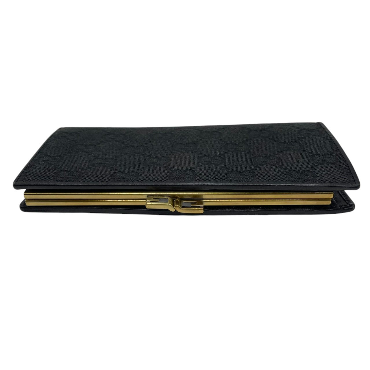 【美品】グッチ GUCCI 長財布 二つ折り がま口 ガマ口 GGキャンバス レザー 本革 ブラック 黒 ゴールド金具 Gロゴ ロング ウォレット レディース メンズ ユニセックス 男女兼用 スリム 薄型 ヴィンテージ レトロ クラシック オールドグッチ w5