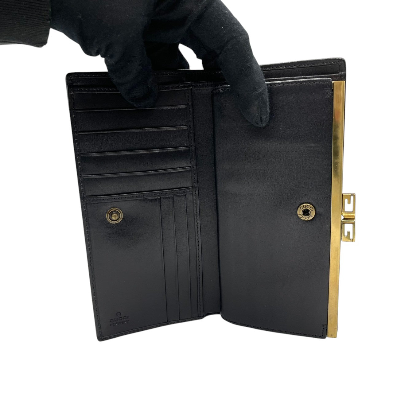 【美品】グッチ GUCCI 長財布 二つ折り がま口 ガマ口 GGキャンバス レザー 本革 ブラック 黒 ゴールド金具 Gロゴ ロング ウォレット レディース メンズ ユニセックス 男女兼用 スリム 薄型 ヴィンテージ レトロ クラシック オールドグッチ w5