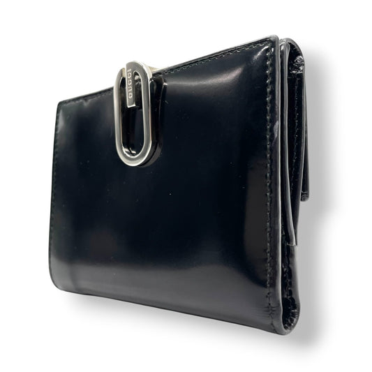 【美品】グッチ GUCCI 三つ折り財布 がま口 ガマ口 小銭入れ コンパクト パテントレザー エナメル ブラック 黒 シルバー金具 Gロゴ レディース メンズ ユニセックス 男女兼用 ヴィンテージ レトロ クラシック オールドグッチ イタリア製 w5