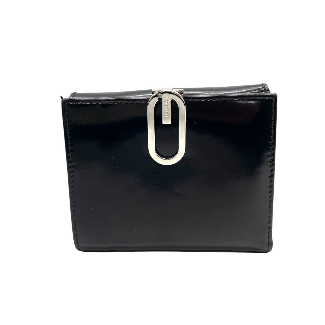 【美品】グッチ GUCCI 三つ折り財布 がま口 ガマ口 小銭入れ コンパクト パテントレザー エナメル ブラック 黒 シルバー金具 Gロゴ レディース メンズ ユニセックス 男女兼用 ヴィンテージ レトロ クラシック オールドグッチ イタリア製 w5