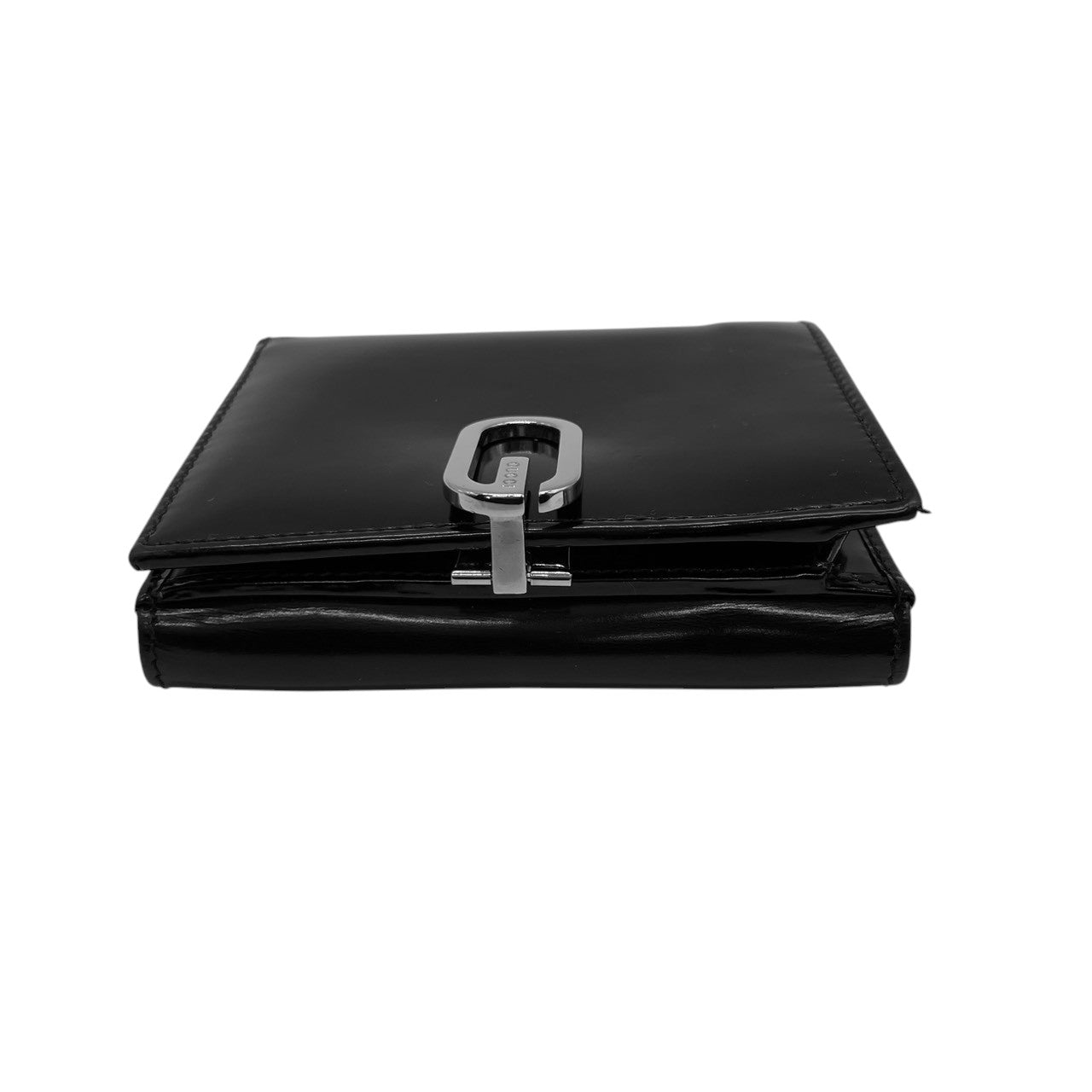 【美品】グッチ GUCCI 三つ折り財布 がま口 ガマ口 小銭入れ コンパクト パテントレザー エナメル ブラック 黒 シルバー金具 Gロゴ レディース メンズ ユニセックス 男女兼用 ヴィンテージ レトロ クラシック オールドグッチ イタリア製 w5