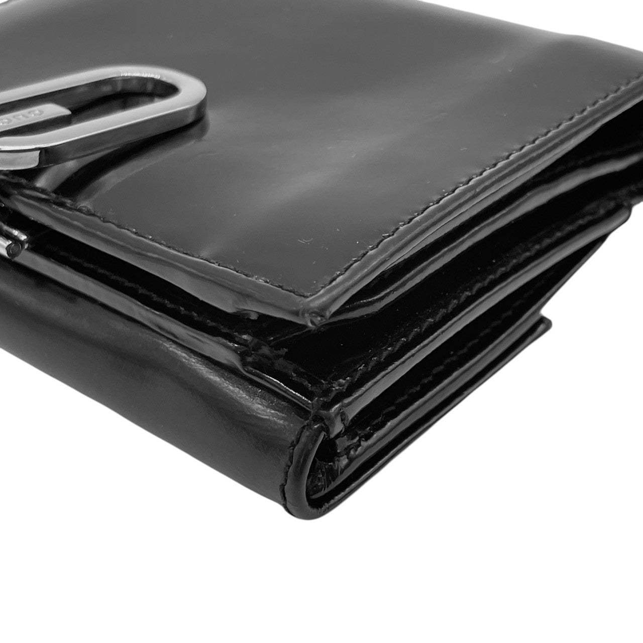 【美品】グッチ GUCCI 三つ折り財布 がま口 ガマ口 小銭入れ コンパクト パテントレザー エナメル ブラック 黒 シルバー金具 Gロゴ レディース メンズ ユニセックス 男女兼用 ヴィンテージ レトロ クラシック オールドグッチ イタリア製 w5