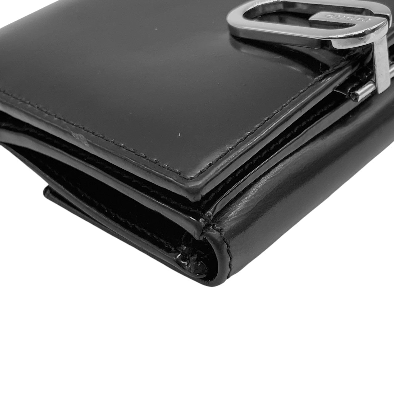 【美品】グッチ GUCCI 三つ折り財布 がま口 ガマ口 小銭入れ コンパクト パテントレザー エナメル ブラック 黒 シルバー金具 Gロゴ レディース メンズ ユニセックス 男女兼用 ヴィンテージ レトロ クラシック オールドグッチ イタリア製 w5