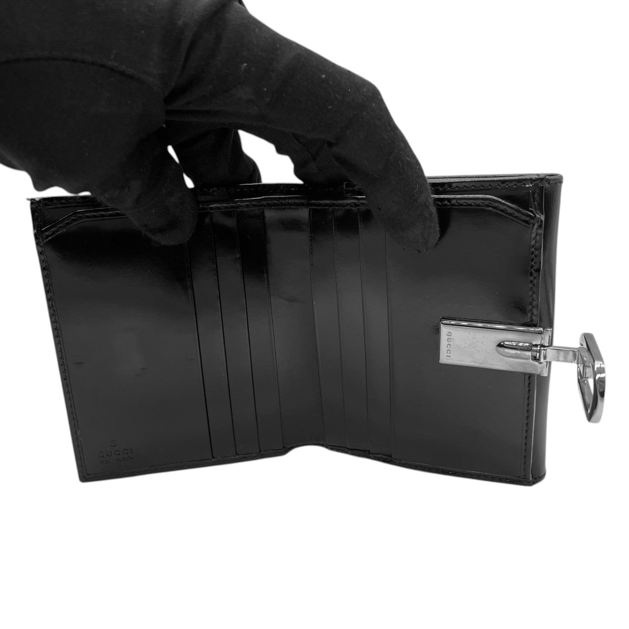 【美品】グッチ GUCCI 三つ折り財布 がま口 ガマ口 小銭入れ コンパクト パテントレザー エナメル ブラック 黒 シルバー金具 Gロゴ レディース メンズ ユニセックス 男女兼用 ヴィンテージ レトロ クラシック オールドグッチ イタリア製 w5