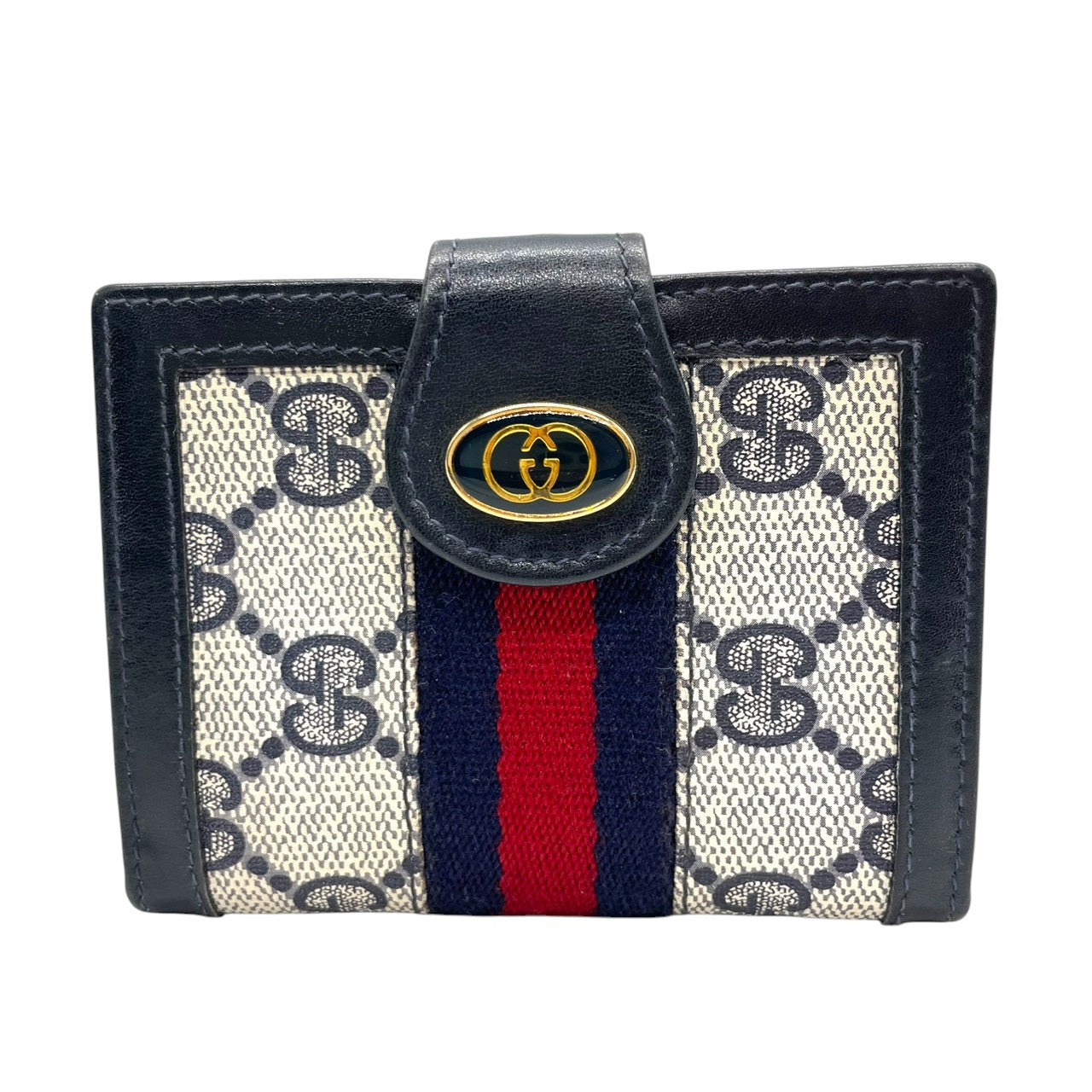 グッチ GUCCI カードケース 名刺入れ 二つ折り GGスプリーム シェリーライン インターロッキングG オールドグッチ PVC レザー ネイビー グレー ヴィンテージ レトロ クラシック メンズ レディース w5