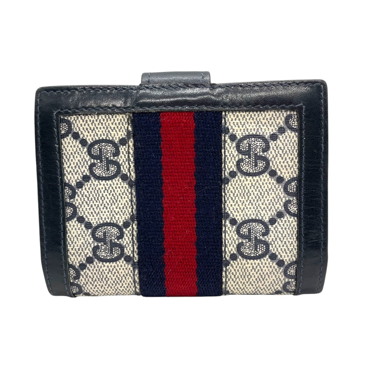 グッチ GUCCI カードケース 名刺入れ 二つ折り GGスプリーム シェリーライン インターロッキングG オールドグッチ PVC レザー ネイビー グレー ヴィンテージ レトロ クラシック メンズ レディース w5