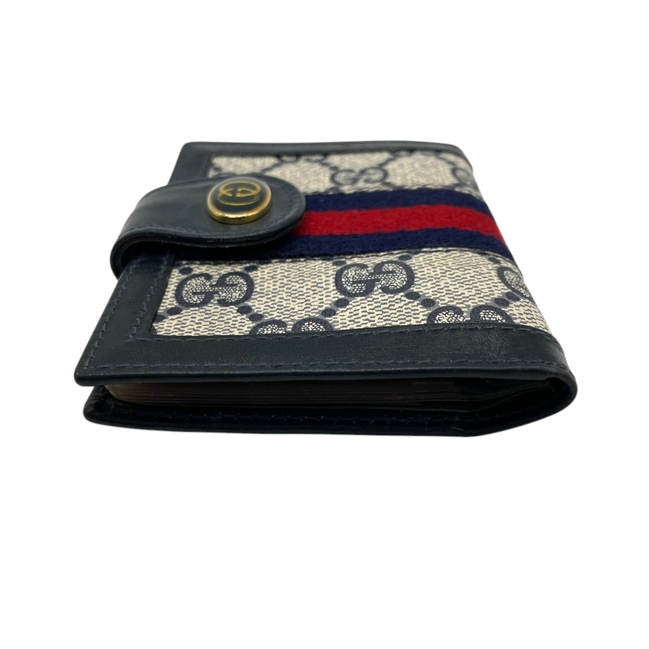 グッチ GUCCI カードケース 名刺入れ 二つ折り GGスプリーム シェリーライン インターロッキングG オールドグッチ PVC レザー ネイビー グレー ヴィンテージ レトロ クラシック メンズ レディース w5