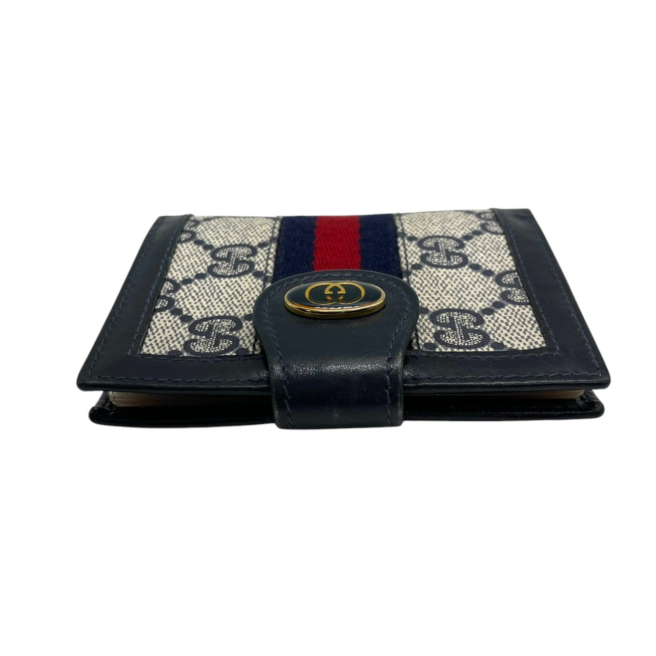 グッチ GUCCI カードケース 名刺入れ 二つ折り GGスプリーム シェリーライン インターロッキングG オールドグッチ PVC レザー ネイビー グレー ヴィンテージ レトロ クラシック メンズ レディース w5