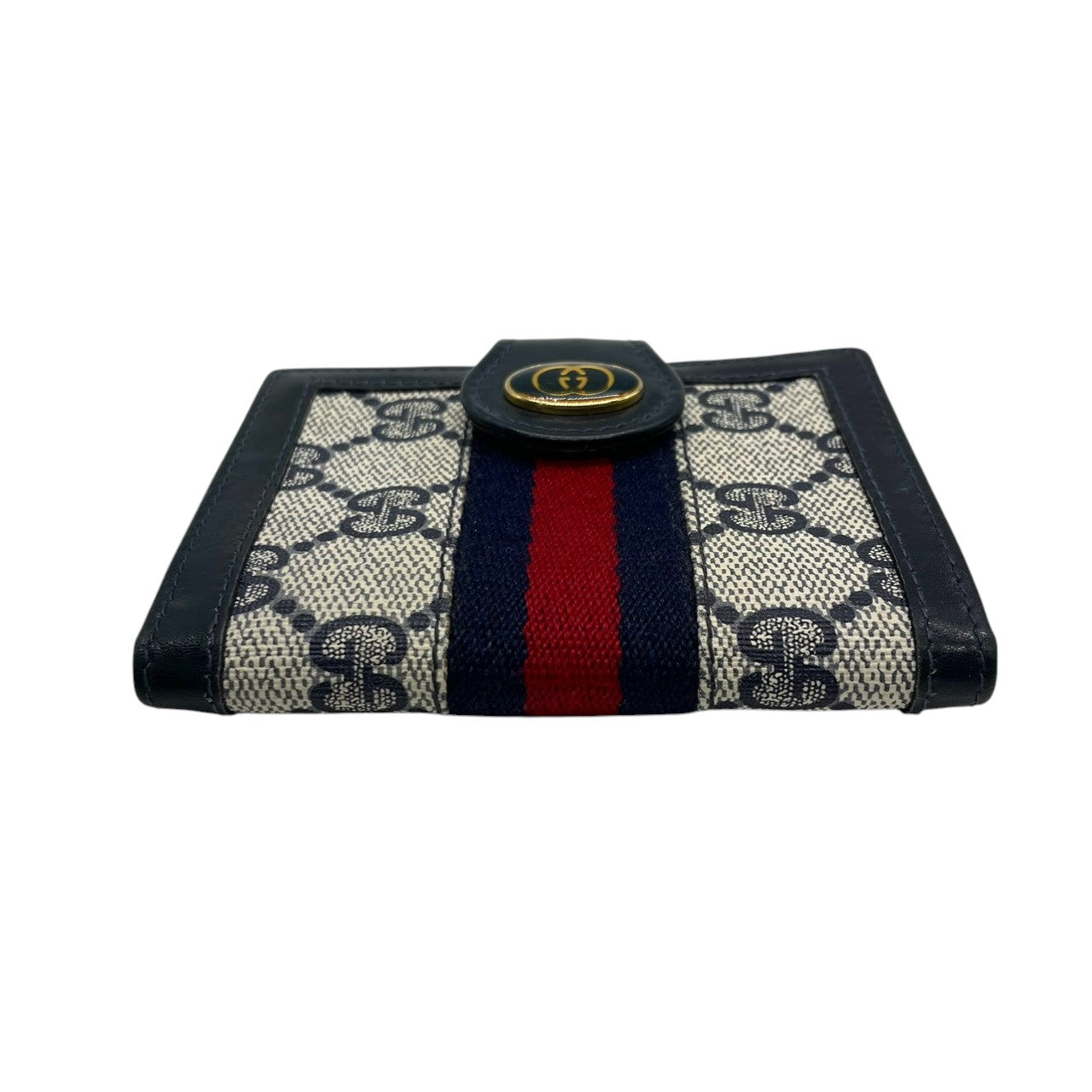 グッチ GUCCI カードケース 名刺入れ 二つ折り GGスプリーム シェリーライン インターロッキングG オールドグッチ PVC レザー ネイビー グレー ヴィンテージ レトロ クラシック メンズ レディース w5