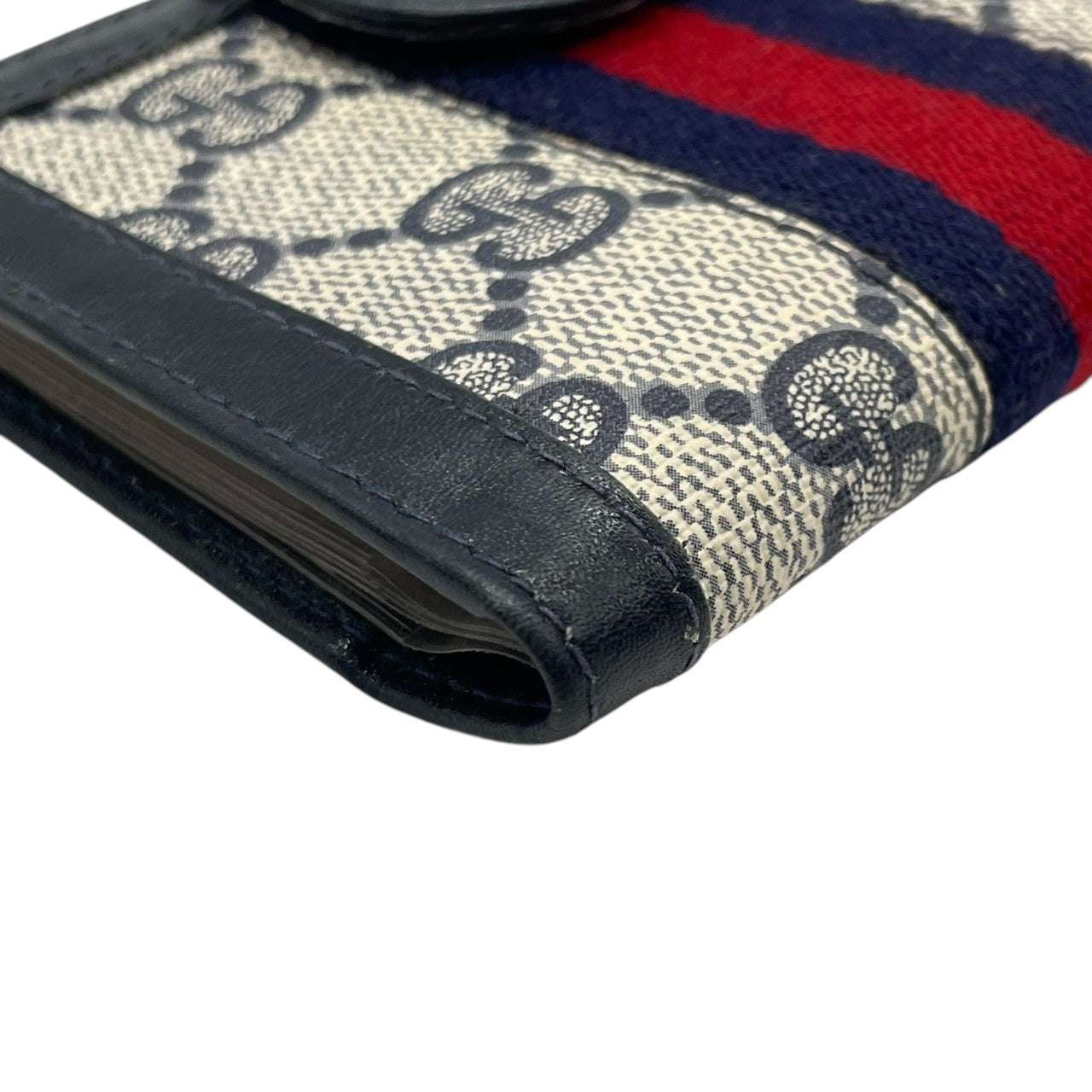 グッチ GUCCI カードケース 名刺入れ 二つ折り GGスプリーム シェリーライン インターロッキングG オールドグッチ PVC レザー ネイビー グレー ヴィンテージ レトロ クラシック メンズ レディース w5