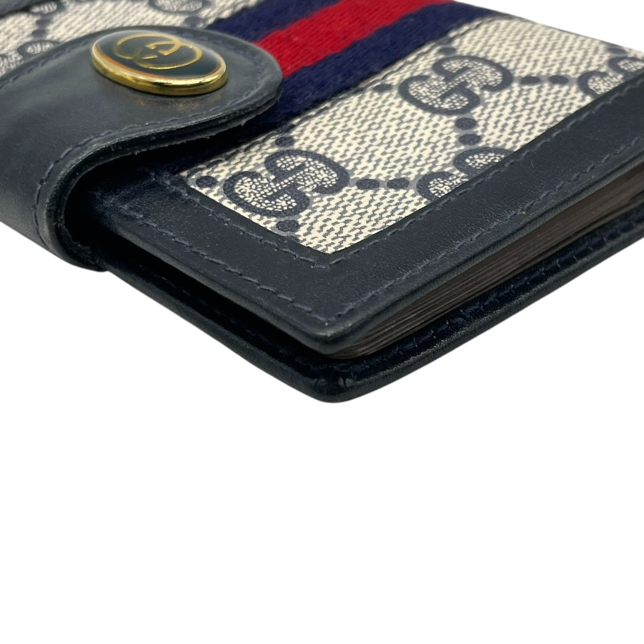 グッチ GUCCI カードケース 名刺入れ 二つ折り GGスプリーム シェリーライン インターロッキングG オールドグッチ PVC レザー ネイビー グレー ヴィンテージ レトロ クラシック メンズ レディース w5