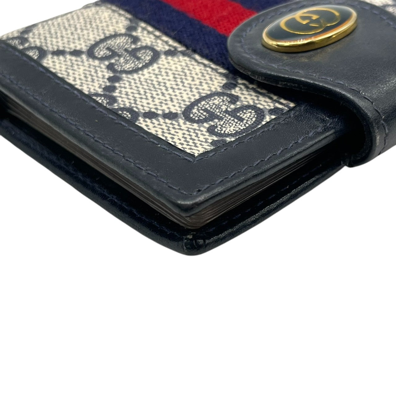 グッチ GUCCI カードケース 名刺入れ 二つ折り GGスプリーム シェリーライン インターロッキングG オールドグッチ PVC レザー ネイビー グレー ヴィンテージ レトロ クラシック メンズ レディース w5